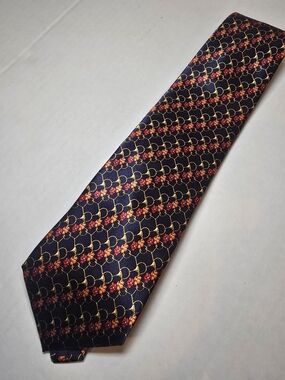 Windsor Navy Tie with Red Floral and Gold Chain Pattern 100% Silk Made In ITALY